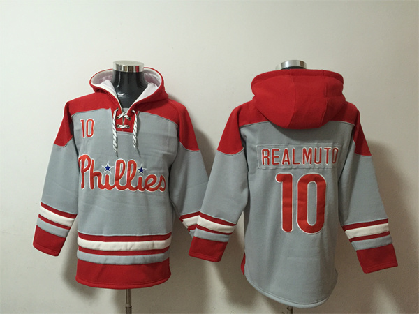 Men's Philadelphia Phillies #10 J.T. Realmuto Gray/Red Ageless Must-Have Lace-Up Pullover Hoodie - Click Image to Close